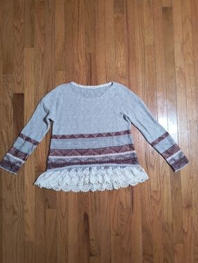 🔥BOGO Free🔥 Rewind Lace Knit Light Sweater, Women's Small, Gray/Red